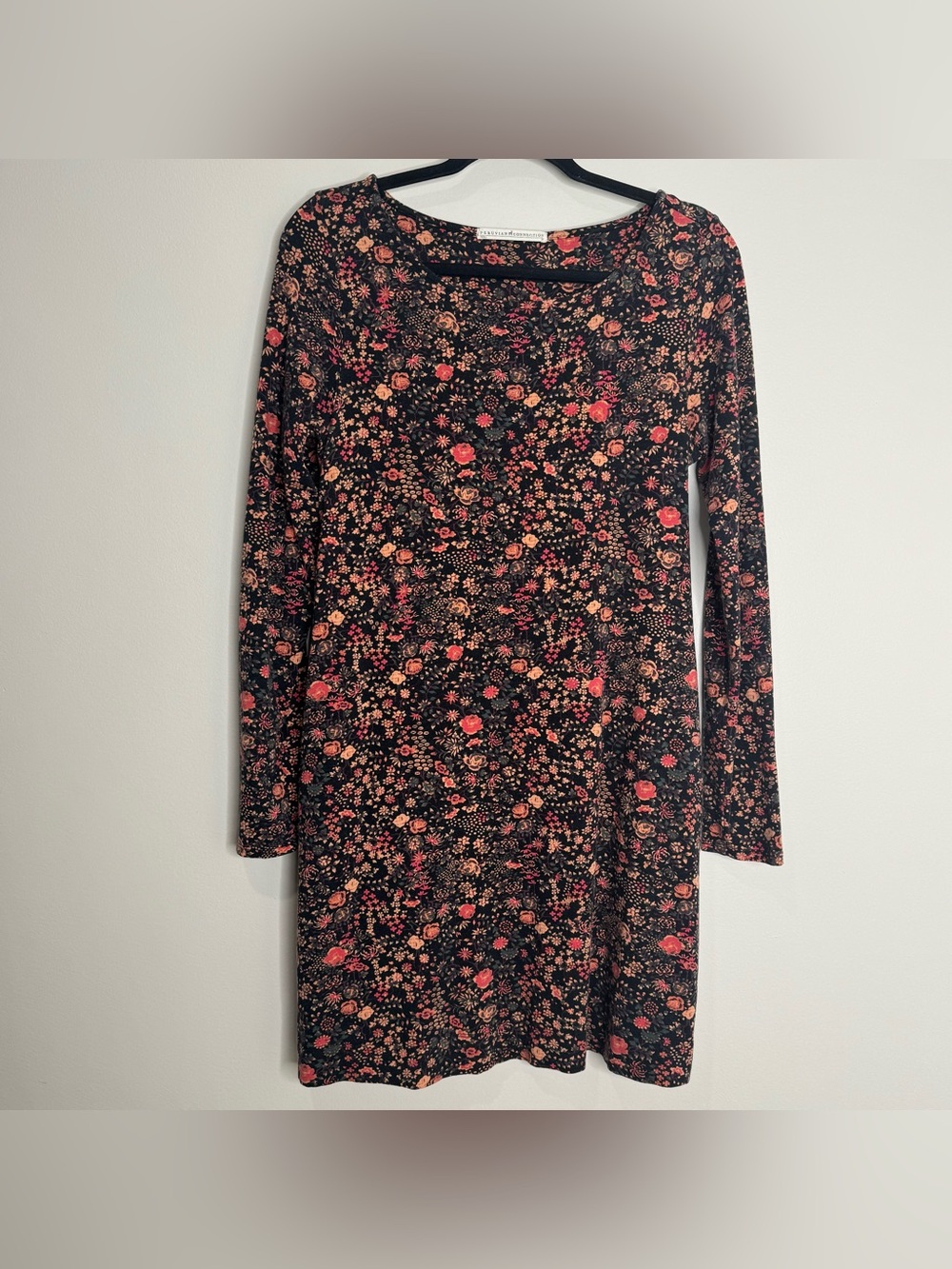 Peruvian Connection Dark Floral Pima Cotton Long Sleeve Stretch Jersey Dress Med